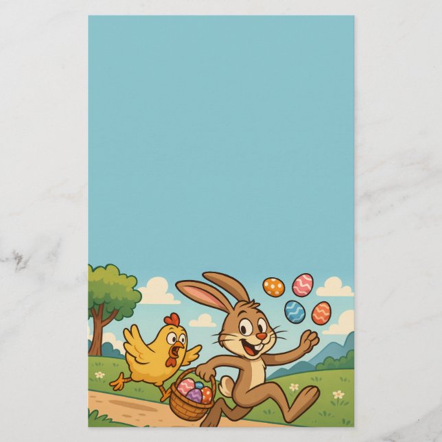 Bunny Steals Eggs from Chicken Easter Design Funny Stationery (Front)
