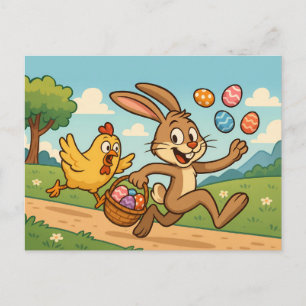Bunny Steals Eggs from Chicken Funny Easter Design Holiday Postcard