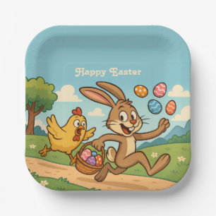 Bunny Steals Eggs from Chicken Humourous Easter Ar Paper Plate