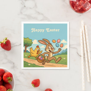 Bunny Steals Eggs from Hen   Funny Easter Cartoon Napkin