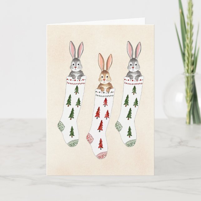 Bunny Stockings Watercolor Christmas Card (Front)