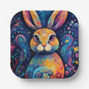 Bunny swirls and hearts Blue Paper Plate