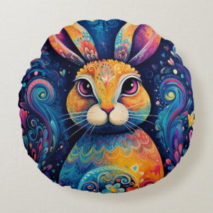 Bunny swirls and hearts Blue Round Cushion