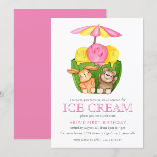 Bunny Teddy Bear Ice Cream Girl 1st Birthday Party Invitation