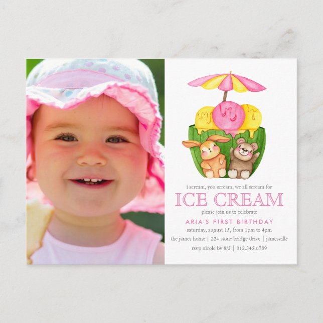 Bunny Teddy Bear Ice Cream Photo Birthday Party Invitation Postcard (Front)