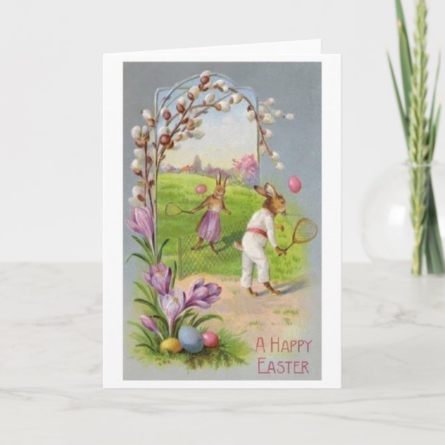 Bunny Tennis Easter Greeting!  Vintage Easter Card (Front)