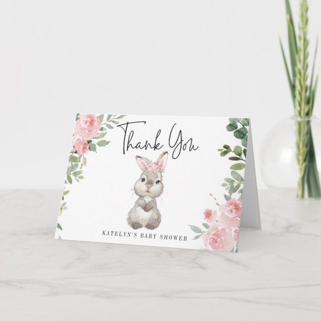 Bunny Thank You Card with Pink Flowers (Front)