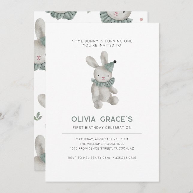 Bunny Theme First Birthday Invitation (Front/Back)