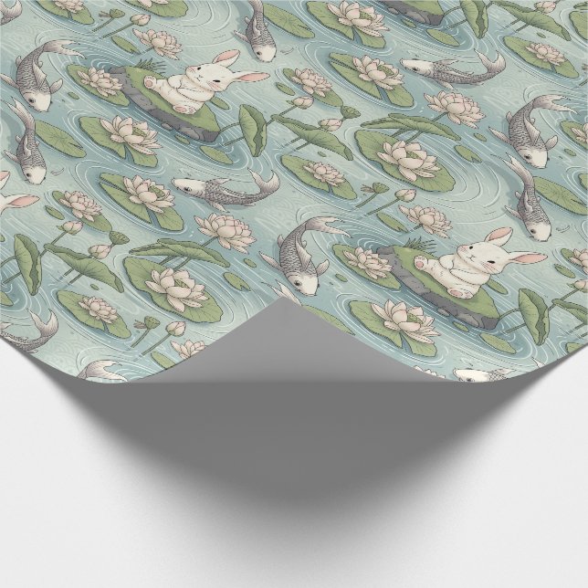 Bunny Tranquil Japanese-inspired pond Wrapping Paper (Corner)