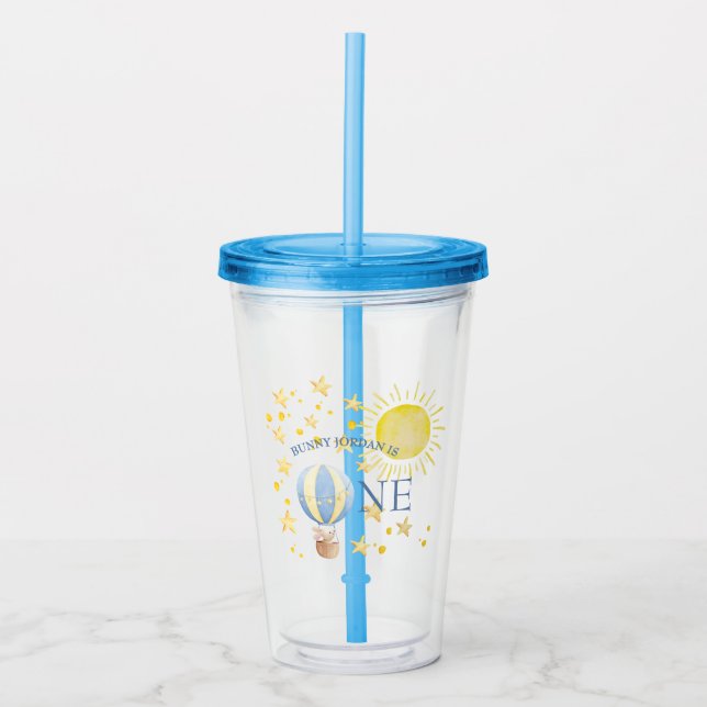 Bunny Turning One Around The Sun Boys 1st Birthday Acrylic Tumbler (Front)