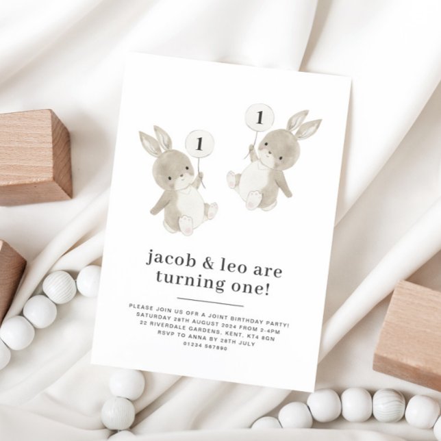 Bunny Twin Boys First Birthday Invitation (Creator Uploaded)