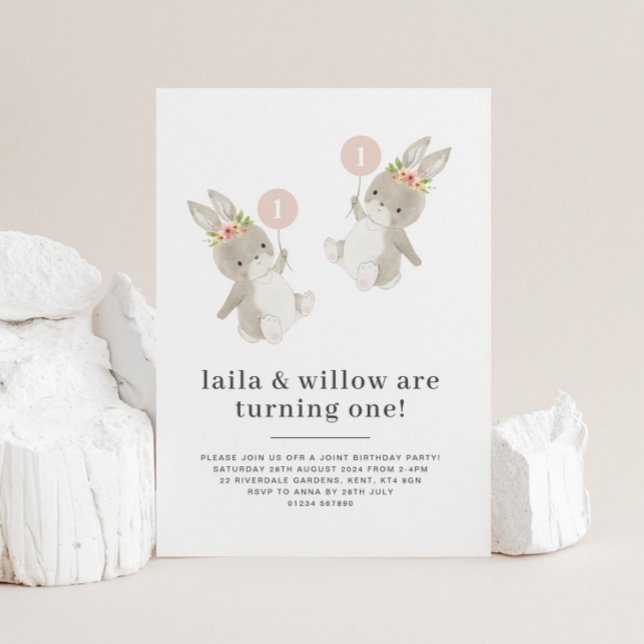 Bunny Twin Girls First Birthday Invitation (Creator Uploaded)