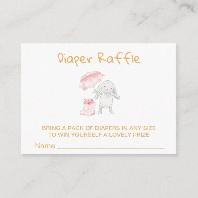 *~* Bunny Umbrella Boots Flower PINK Diaper Raffle Enclosure Card (Front)