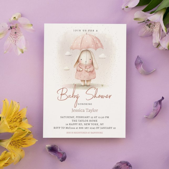 Bunny Umbrella Pink Watercolor Girl Baby Shower Invitation (Creator Uploaded)