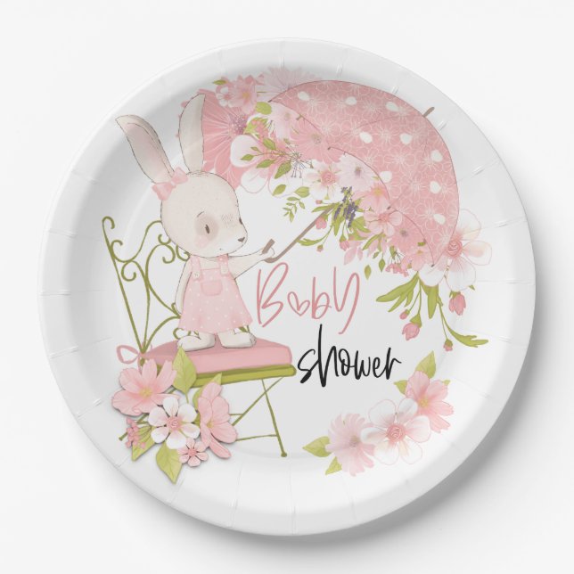 Bunny Umbrella Pink White Florals Girl Baby Shower Paper Plate (Front)