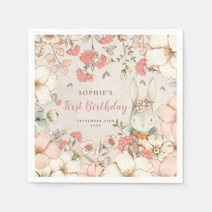 Bunny Vintage Floral Foliage First Birthday Party Napkin