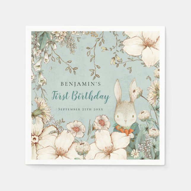 Bunny Vintage Foliage Powder Blue 1st Birthday Napkin (Front)