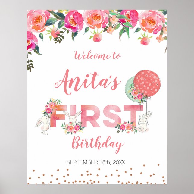 Bunny Watercolor Baby Shower Welcome Sign (Front)