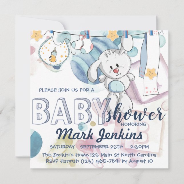 Bunny watercolor beautiful bright Baby Boy Shower Invitation (Front)