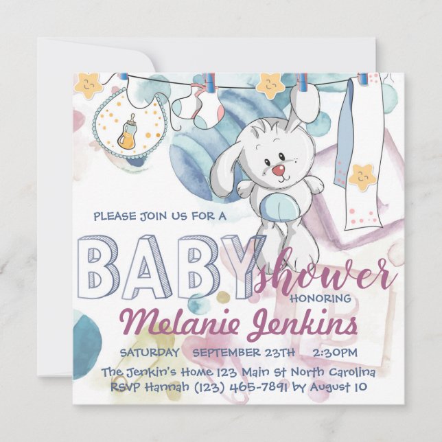Bunny watercolor beautiful bright Baby Shower Invitation (Front)
