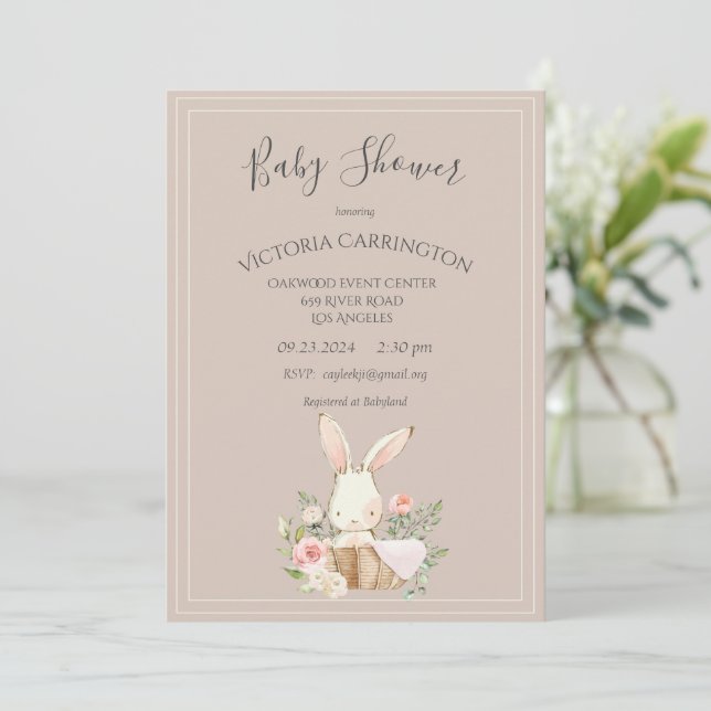 Bunny Watercolor Floral Brown Baby Shower Invitation (Standing Front)