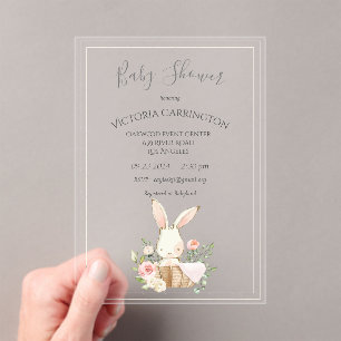 Bunny Watercolor Floral Green Girl Baby Shower Acrylic Invitations
