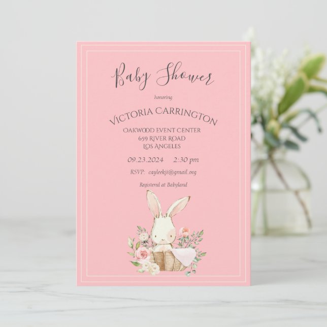 Bunny Watercolor Floral Pink Girl Baby Shower Invitation (Standing Front)