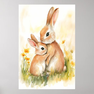 Bunny Watercolor Print, Mama and Kid, Nursery Wall Poster