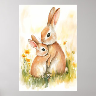 Bunny Watercolor Print, Mama and Kid, Nursery Wall Poster