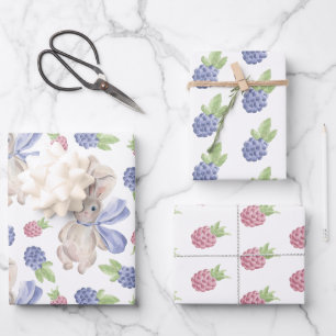 Bunny watercolor spring berry wrapping paper sheet