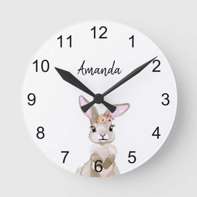 Bunny Watercolor Woodland Animals Children's Room Round Clock (Front)