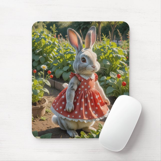 Bunny Wearing a Dress in Tomato Garden Mouse Mat (With Mouse)