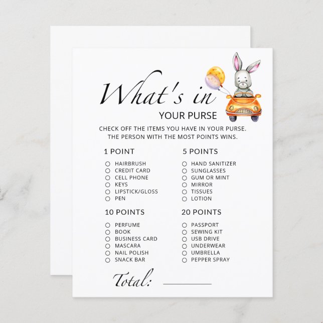 Bunny What's in your purse baby shower game (Front/Back)