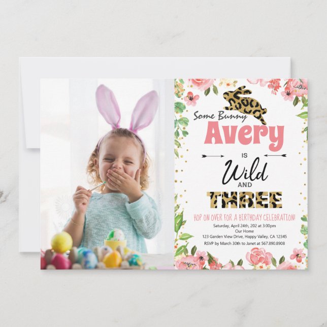 Bunny Wild and Three Birthday Photo Invitation (Front)