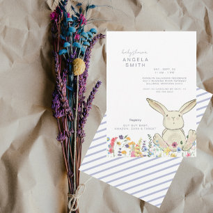 Bunny & Wildflowers Colourful Striped Baby Shower Invitation