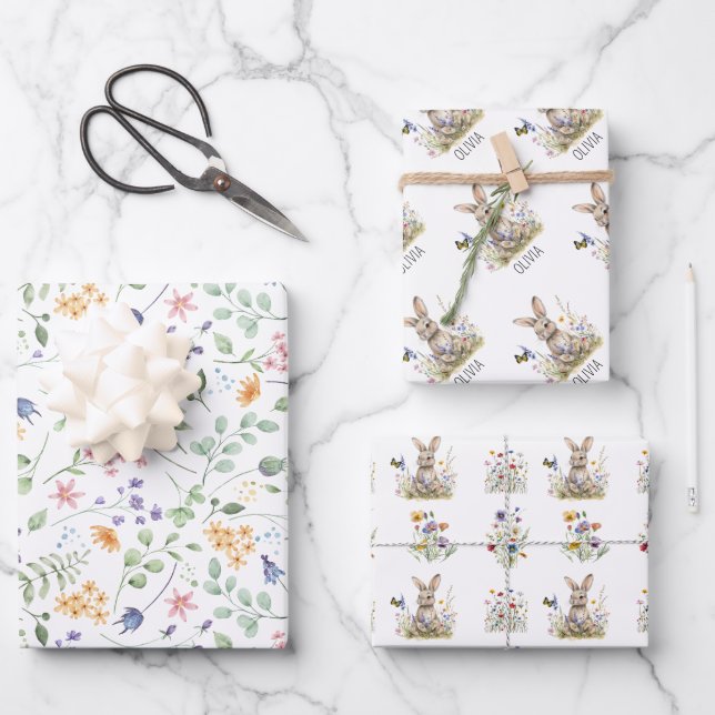 Bunny wildflowers custom name wrapping paper sheet (Front)