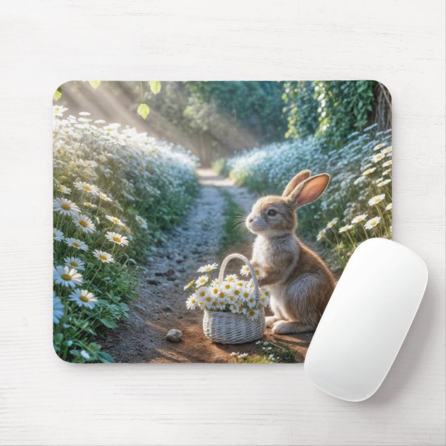 Bunny With a Basket of White Daisies Mouse Mat (With Mouse)