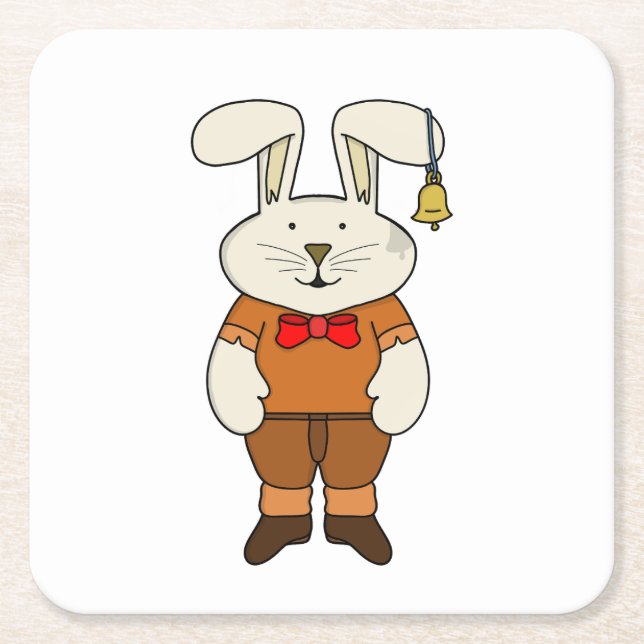 Bunny with a bell in his ear square paper coaster (Front)