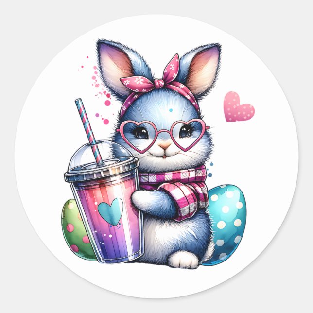 Bunny with a cappucino classic round sticker (Front)