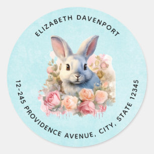 Bunny with a Garland of Roses Cute Address Classic Round Sticker