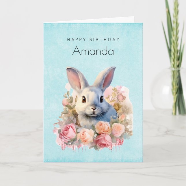Bunny with a Garland of Roses Cute Birthday Card (Front)