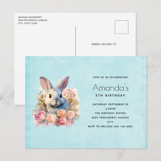 Bunny with a Garland of Roses Cute Birthday Invitation Postcard (Front/Back)