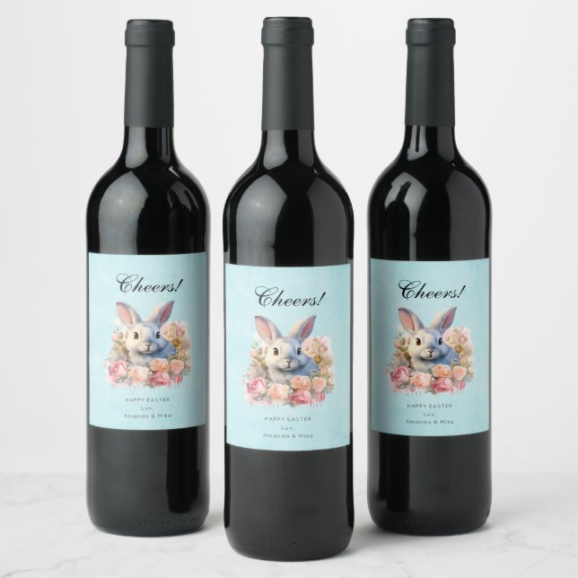 Bunny with a Garland of Roses Cute Cheers Wine Label (Bottles)