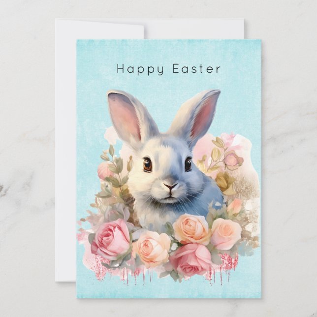 Bunny with a Garland of Roses Cute Easter Holiday Card (Front)