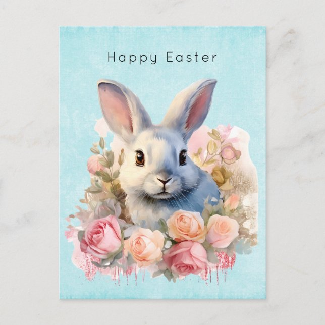 Bunny with a Garland of Roses Cute Easter Holiday Postcard (Front)