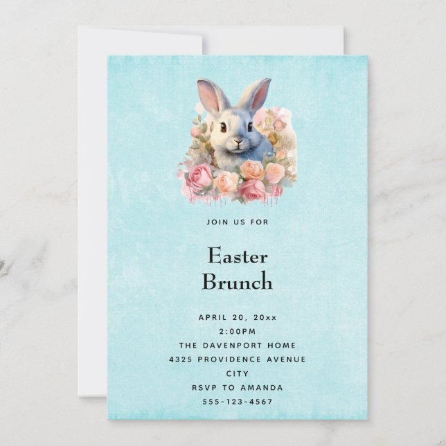 Bunny with a Garland of Roses Cute Easter Invitation (Front)