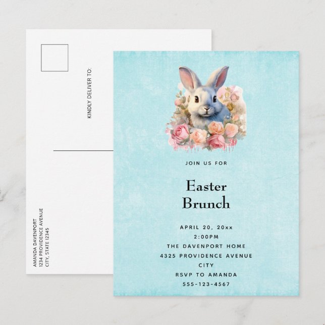 Bunny with a Garland of Roses Cute Easter Invitation Postcard (Front/Back)