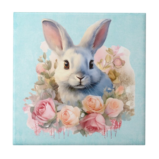 Bunny with a Garland of Roses Cute Tile (Front)