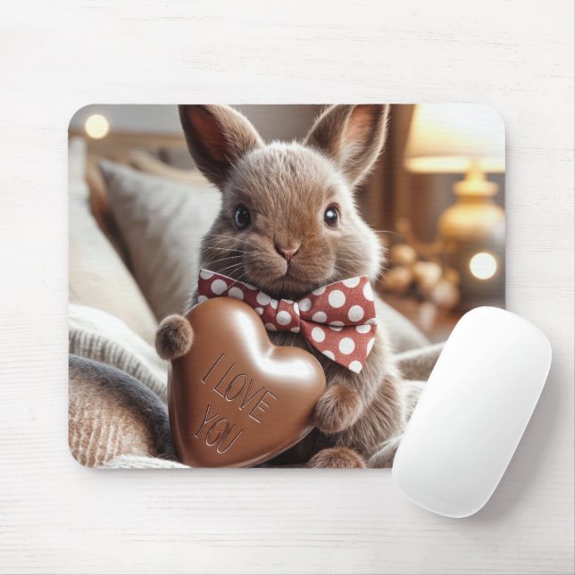 Bunny With an I Love Chocolate Heart Mouse Mat (With Mouse)