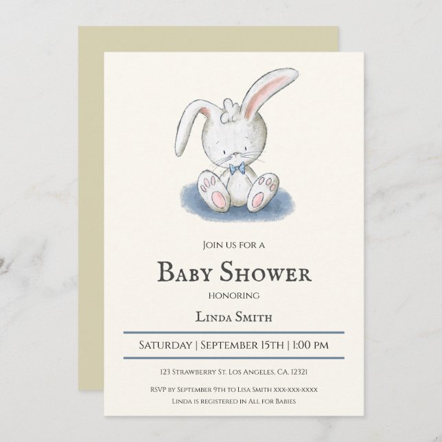 Bunny with Blue Bow Tie Boy Baby Shower Invitation (Front/Back)